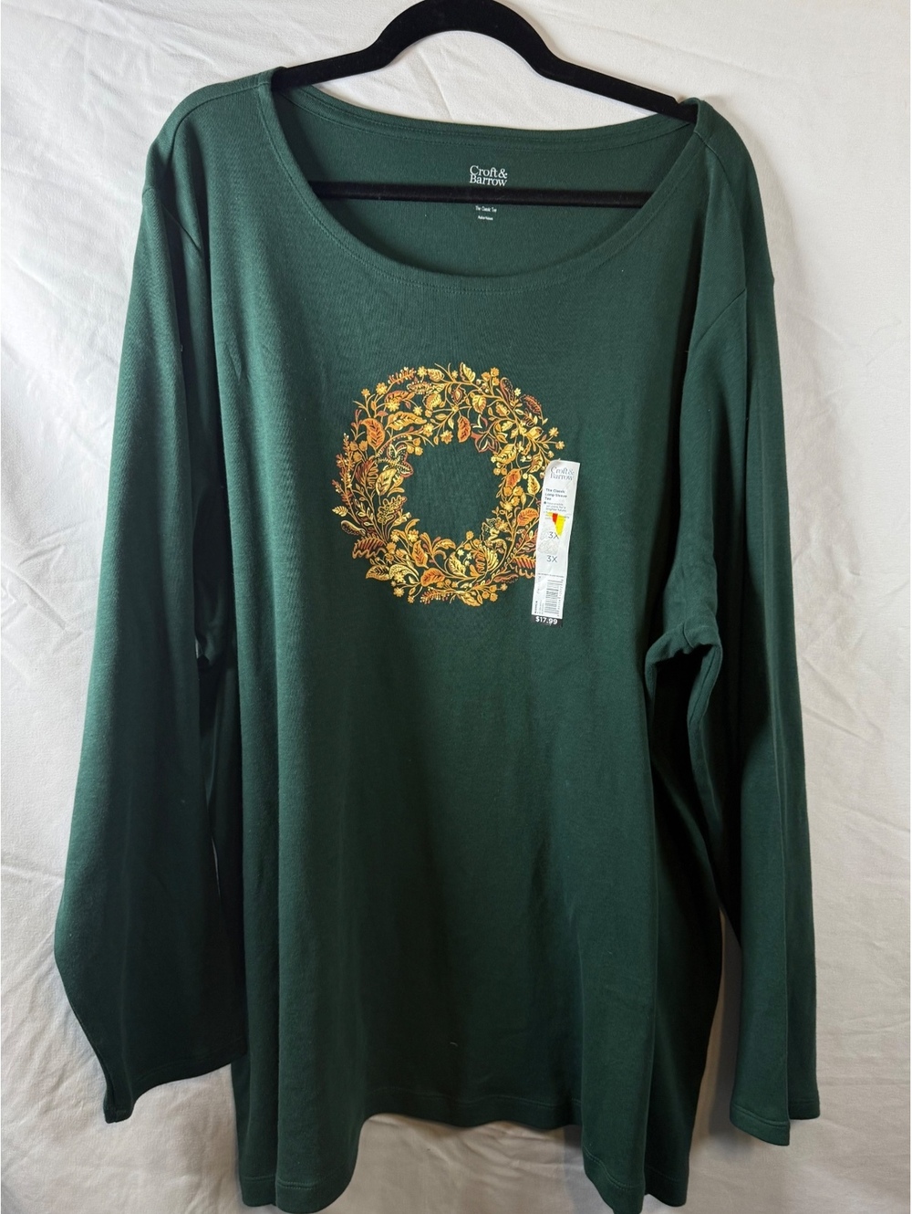 Croft & Barrow Women's Classic Tee 3X Dark Green Cotton Long Sleeve Shirt